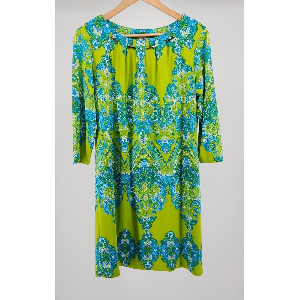 Sandra Darren Green Blue‎ Paisley Medallion Shift Dress Gold Hardware Size 12